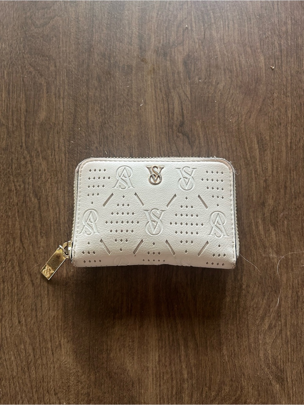 Victoria's Secret White Embossed Zip Card Wallet with Gold Hardware